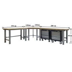Werkbank hoekopstelling - Hoek werkbank 310 cm x 260 cm grijs met hardhouten blad en 2 gereedschapswagens