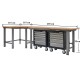 Werkbank hoekopstelling - Hoek werkbank 310 cm lang grijs met hardhouten blad en 2 gereedschapswagens