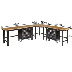 Werkbank hoekopstelling - Hoek werkbank 310 cm x 260 cm zwart met hardhouten blad en 2 gereedschapswagens