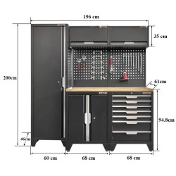 Gereedschapskasten set wandlengte 196 cm. tweedeurs kast, hangkast, hoge kast, gatenwand, matzwart.