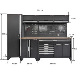 Gereedschapskasten set wandlengte 264 cm. hoge kast, 9 laden kast, hangkast, gereedschapswand, matzwart.