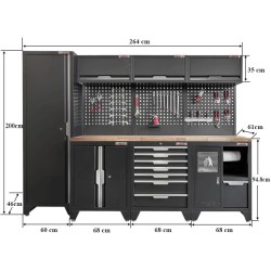 Gereedschapskasten set wandlengte 264 cm. tweedeurs lage kast, ladenblok, afvalbak, hoge kast, matzwart