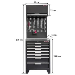 Gereedschapskasten set wandlengte 68 cm. metaal omkleed werkblad, 7 laden kast, hangkast, gereedschapsbord matzwart .