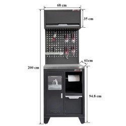 Gereedschapskasten set wandlengte 68 cm. kast met afvalbak, metaal omkleed werkblad, hangkast, gereedschapsbord matzwart