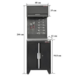 Gereedschapskasten set wandlengte 68 cm. lage tweedeurs kast, metaal omkleed werkblad, hangkast, gereedschapsbord matzwart .