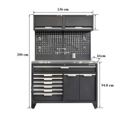 Gereedschapskasten set wandlengte 136 cm. brede 9 laden kast, metaal omkleed werkblad, hangkasten, gereedschapsborden matzwart .