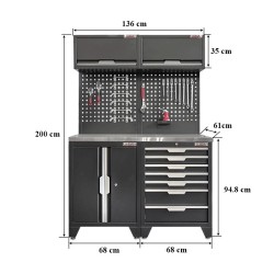 Gereedschapskasten set wandlengte 136 cm.  metaal omkleed werkblad, tweedeurs kast, hangkasten, gereedschapsbord, matzwart .