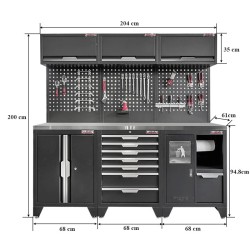 Gereedschapskasten set wandlengte 204 cm. metaal omkleed werkblad, tweedeurs kast, ladenblok, afvalbak, matzwart