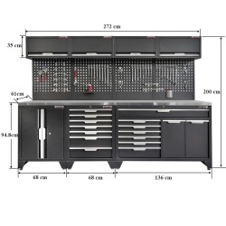 Gereedschapskasten set wandlengte 272 cm. tweedeurs kast, metaal omkleed werkblad, ladenblok, hangkast, matzwart.