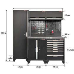 Gereedschapskasten set wandlengte 196 cm.metaal omkleed werkblad, tweedeurs kast, hangkast, hoge kast, gatenwand, matzwart.