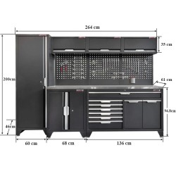 Gereedschapskasten set wandlengte 264 cm. hoge kast, 9 laden kast, metaal omkleed werkblad, hangkast, matzwart.