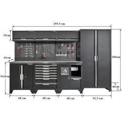 Gereedschapskasten set wandlengte 295,5 cm. metaal omkleed werkblad, tweedeurs lage en hoge kast, afvalbak, gatenwand, matzwart.