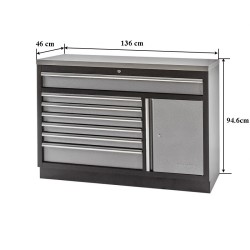 Werkplaatskast / werkbank met 7 laden + draaideurkast met metaal omkleed werkblad - 136 x 46 x 94,8 cm