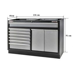 Werkplaatskast 136 cm breed met 7 laden, afvalbak en magazijnbakjes