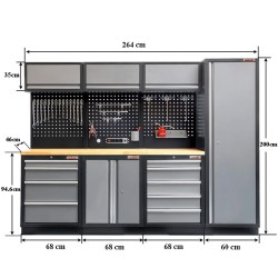Werkbankset met hardhouten werkblad, gereedschapsbord matzwart, werkplaatsinrichting, 9 laden - 264 x 46 x 94,6 cm