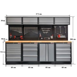 Werkbank set met hardhouten werkblad, gereedschapskast, gereedschapsbord matzwart - 17 laden - 272 x 46 x 94,5 / 199,5 cm