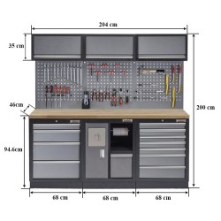 Werkbank set met gereedschapswand, werkplaatsinrichting, gereedschapsbord, 3 x hangkast en 12 laden - 204 x 46 x 200 cm