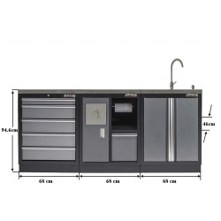Werkbank set met MDF werkblad met RVS plaat omkleed - 6 laden - 204 x 46 x 94,6 cm. Werkbank met laden - ladenblok