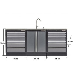 Werkbank set met MDF werkblad met RVS plaat omkleed - 18 laden - 204 x 46 x 94,6 cm. Werkbank met laden - ladenblok