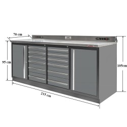 Professionele werkbank – montagetafel 215 x 70 x 95 cm. met 12 laden en 2 gereedschapskasten