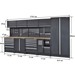 Complete werkplaatsinrichting mat zwart, werkbank + hardhouten blad, gereedschapskast, 12 laden, 379,5 x 200 cm