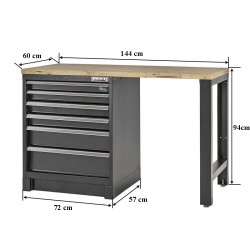 Heavy Duty werkbank met hardhouten werkblad en ladenblok zwart - 144 x 60 x 94 cm
