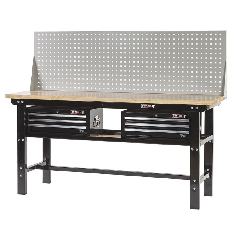 Werkbank zwart 200 cm met hardhouten blad + 2 gereedschapskisten en gereedschapsbord