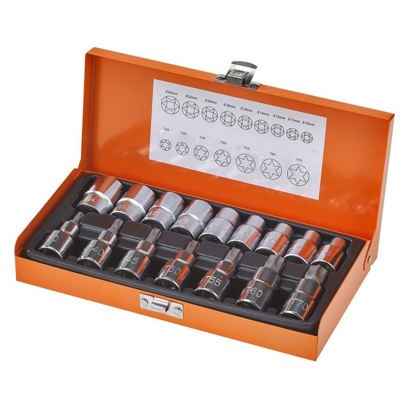 Torx uitwendig en inwendig doppenset 16 delig  met 1/2" aansluiting