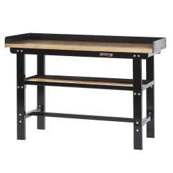 Werkbank 150 cm met hardhouten blad en opzetrand - zwart