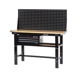 Werkbank zwart 150 cm met hardhouten blad + gereedschapskist en zwart gereedschapsbord