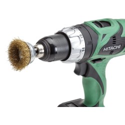 Set van 5 borstels: 2 staalborstels: 50 en 75 mm + 3 komborstels:  25, 50 en 75 mm. Op 6 mm stift met gegolfde staaldraad