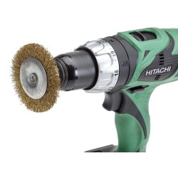 Set van 5 borstels: 2 staalborstels: 50 en 75 mm + 3 komborstels:  25, 50 en 75 mm. Op 6 mm stift met gegolfde staaldraad