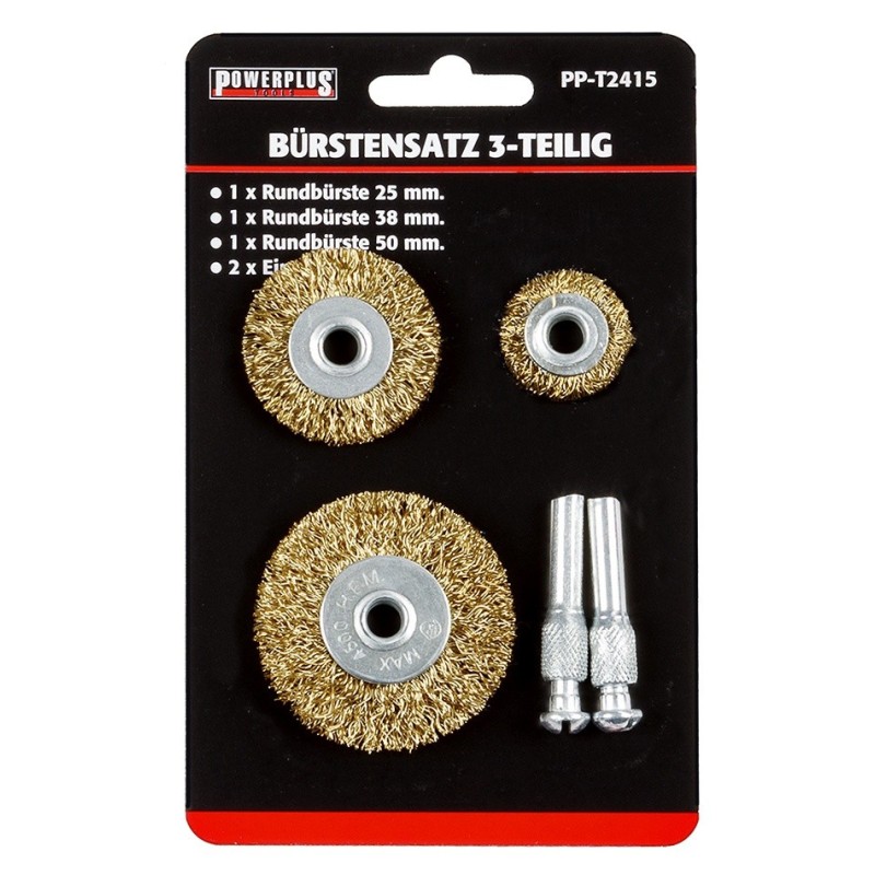 Set van 3 staalborstels: 25 / 38 en 50 mm op 6 mm stift met gegolfde staaldraad / draadborstel / schuurborstel