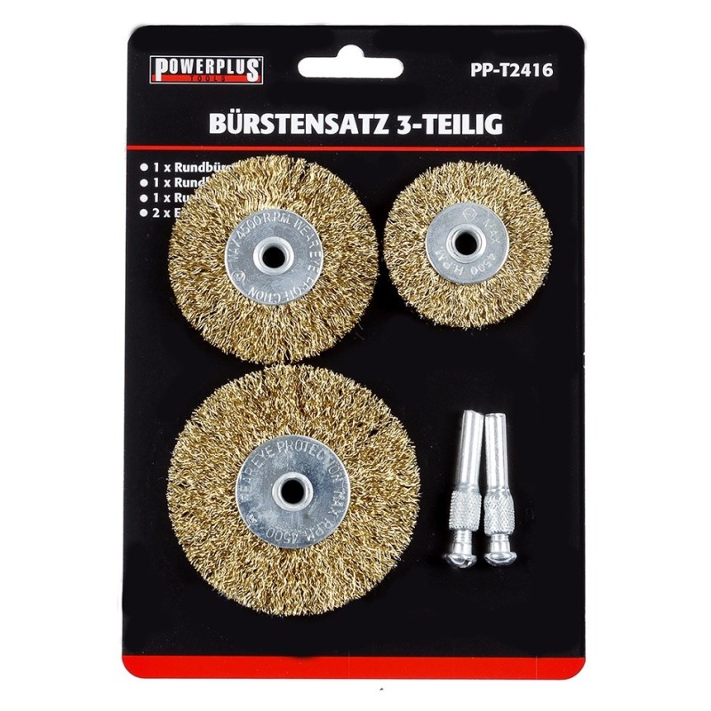 Set van 3 staalborstels: 50 / 63 en 75 mm op 6 mm stift met gegolfde staaldraad / draadborstel / schuurborstel