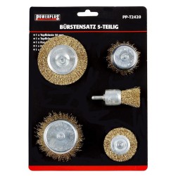 Set van 5 borstels: 2 staalborstels: 50 en 75 mm + 3 komborstels:  25, 50 en 75 mm. Op 6 mm stift met gegolfde staaldraad