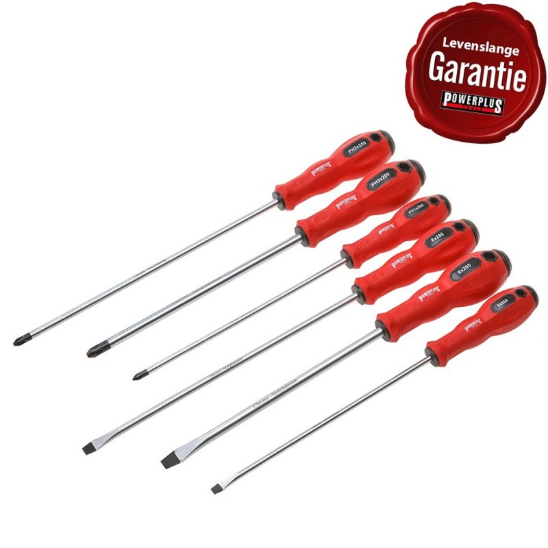 Schroevendraaierset extra lang kruis- en platte kop 6 delig met levenslange garantie