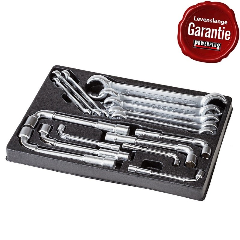 Haakse pijpsleutels- en remleidingsleutelset 16-delig in module