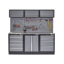 Werkbank set met metaal omkleed blad, werkplaatskast, gereedschapsbord, 3 x hangkast en 9 laden - 204 x 46 x 94,6 cm