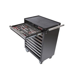 Gereedschapswagen zwart,  9 laden gevuld met gereedschap in foam inleg