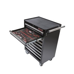 Gereedschapswagen zwart,  9 laden gevuld met gereedschap in foam inleg