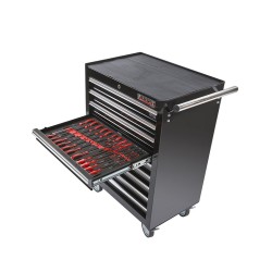 Gereedschapswagen zwart,  9 laden gevuld met gereedschap in foam inleg