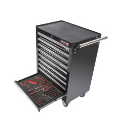 Gereedschapswagen zwart,  9 laden gevuld met gereedschap in foam inleg